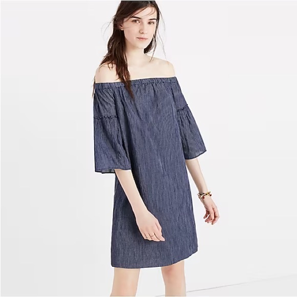 Madewell Off-the-Shoulder Bell-Sleeve Dress Navy Blue Pinstripe G3457 Size 6 - Picture 1 of 10